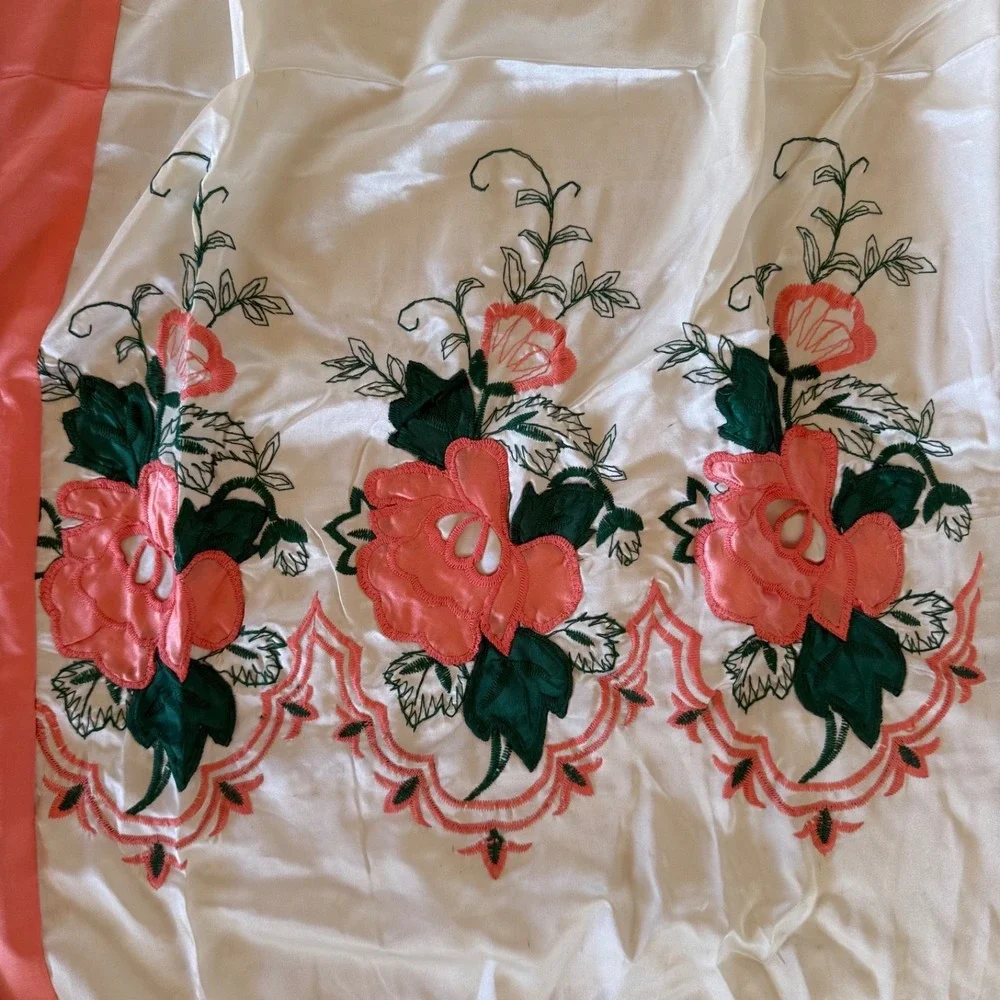 Vintage Peach Ecru Satin Embroidered Curtain Set Festoon Floral 48x95 NOS Farm‎